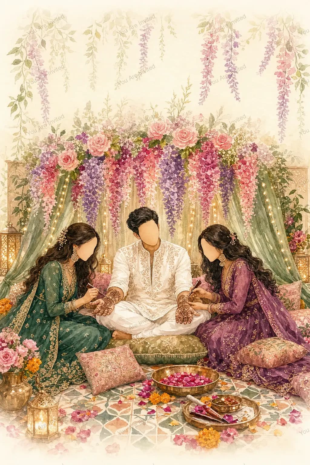 Mehendi scene from a wedding invitation designed for one couple